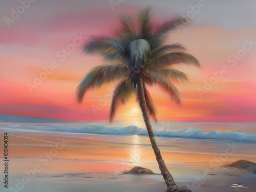 Pastel Sunset Sea Beach Painting Art photo