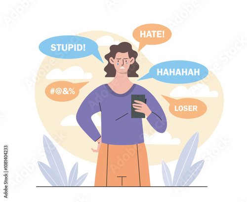 Woman with cyberbullying. Young girl with smartphone read negative messages on Internet. Unhappy and upset victim of online bullying and hate. Frustration and depression. Flat vector illustration