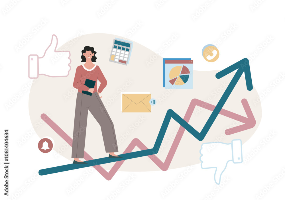 Woman with business growth. Young girl stands on growing arrow. Economics and financial literacy. Trader and investor with graph and chart. Flat vector illustration isolated on white background Woman with business growth. Young girl stands on growing arrow. Economics and financial literacy. Trader and investor with graph and chart. Flat vector illustration isolated on white background