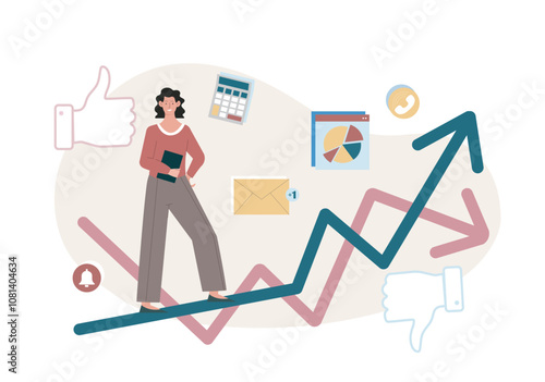 Woman with business growth. Young girl stands on growing arrow. Economics and financial literacy. Trader and investor with graph and chart. Flat vector illustration isolated on white background