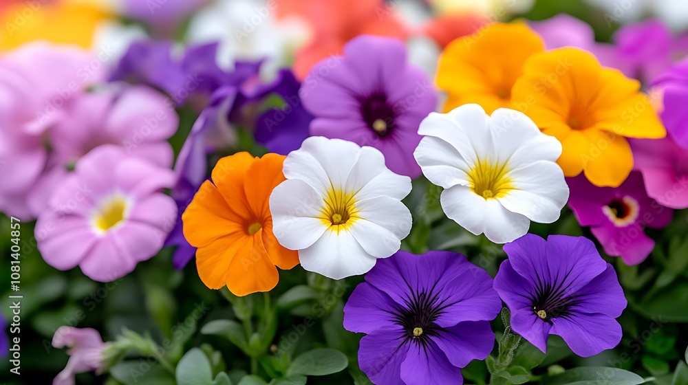 Colorful Petunia Flowers Blooming In Garden Colorful Petunia Flowers Blooming In Garden