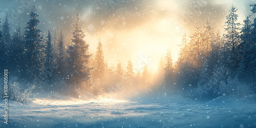 Serene snowy landscape featuring softly shimmering snowflakes and blurred evergreen trees, perfect for winter-themed designs, holiday cards, and tranquil backgrounds.