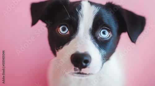 A black and white dog with striking blue eyes looks directly at the camera.