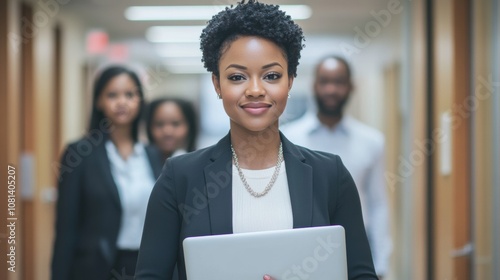 Confident Female Executive Walking with Laptop in Business Environment Surrounded by Colleagues in Modern Office Hallway photo