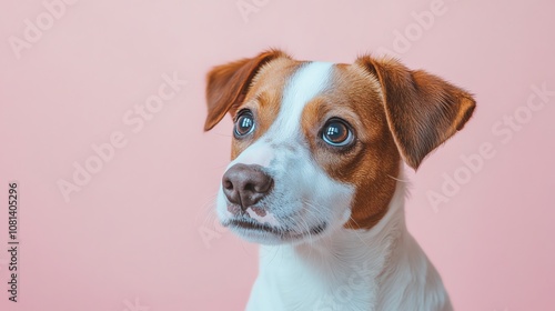 A dog with brown and white fur looks inquisitively at something off camera.