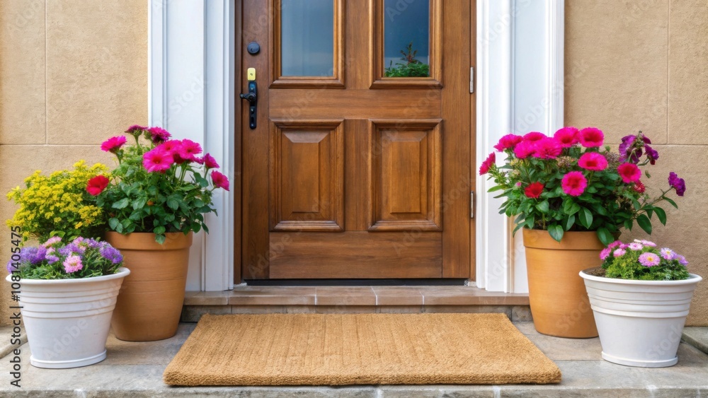 Fototapeta premium Cozy entrance with a coir doormat, open door, and potted flowers, coir doormat, entrance, open door, potted plants, flowers