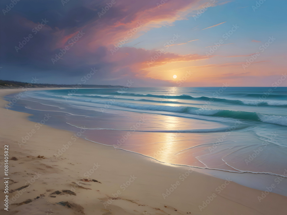 Obraz premium Pastel Sunset Sea Beach Painting Art