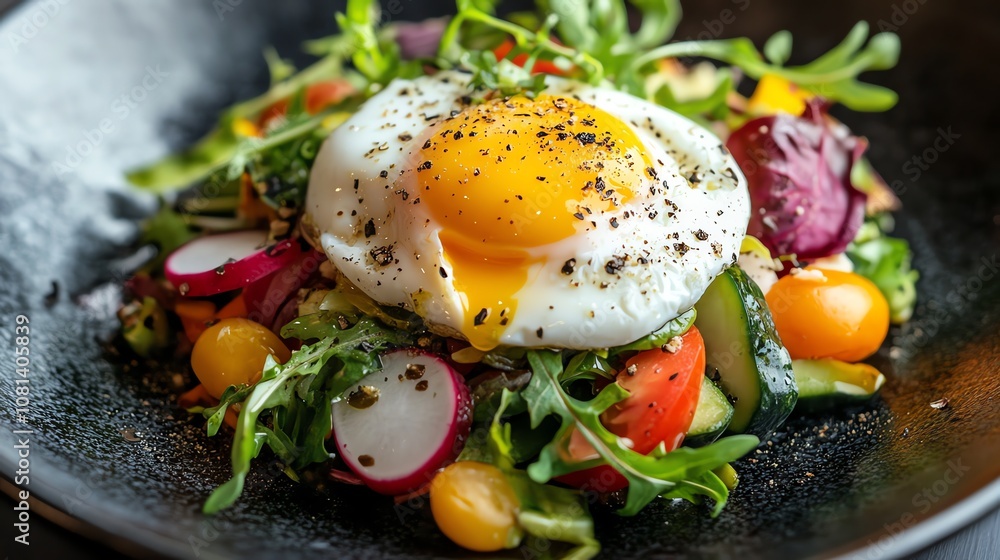 A plate with a fried egg on top of a salad of mixed greens, tomatoes, and cucumbers. A plate with a fried egg on top of a salad of mixed greens, tomatoes, and cucumbers.