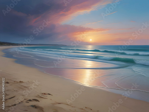 Pastel Sunset Sea Beach Painting Art photo