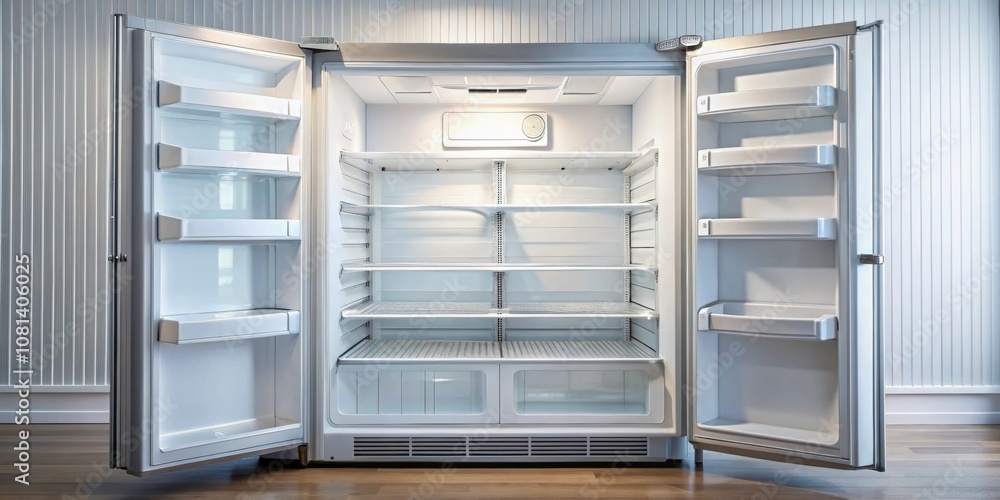 Empty refrigerator with no food inside, empty, fridge, kitchen, groceries, hunger, starvation, barren, vacant, shelves, cold Empty refrigerator with no food inside, empty, fridge, kitchen, groceries, hunger, starvation, barren, vacant, shelves, cold