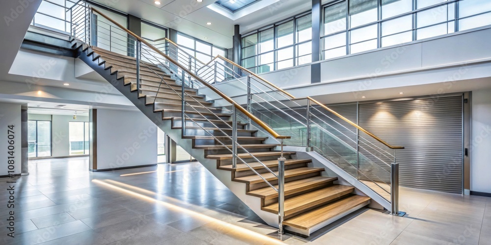 Obraz premium Modern staircase with metallic rail in contemporary building , stairs, interior design, architecture, modern, staircase