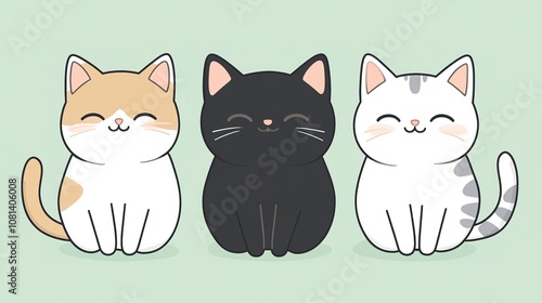 Cute Picture of Three Adorable Cats, Featuring a Tuxedo Cat, a White Cat, and a White Cat with Tabby Patches, Perfect for Cat Lovers photo