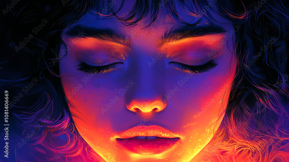 Woman's face illuminated with bright orange and blue light. Woman's face illuminated with bright orange and blue light.