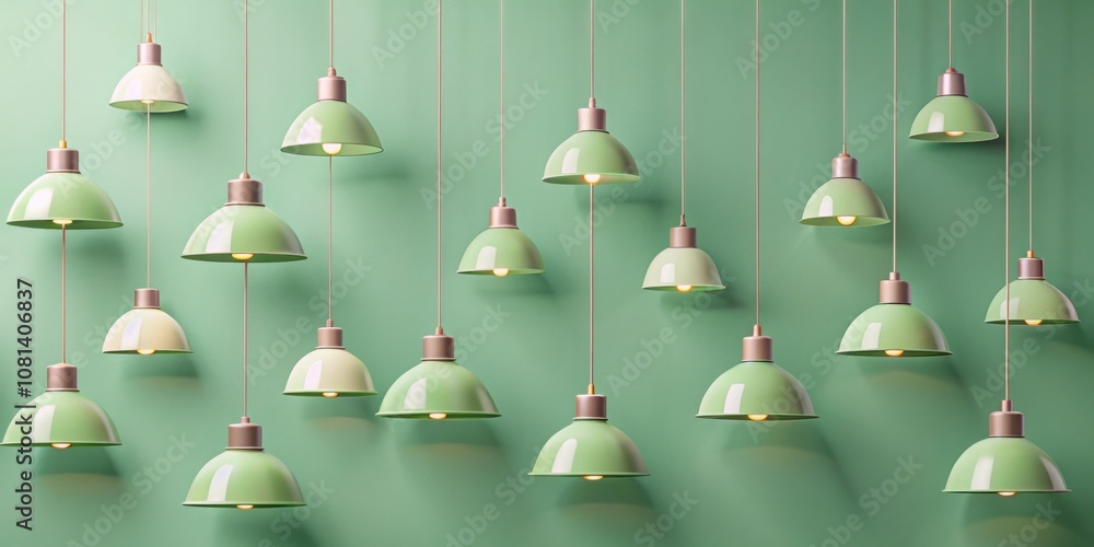 Obraz premium Playful hanging light fixtures on a soft green background seamless pattern, light fixtures, playful, pattern
