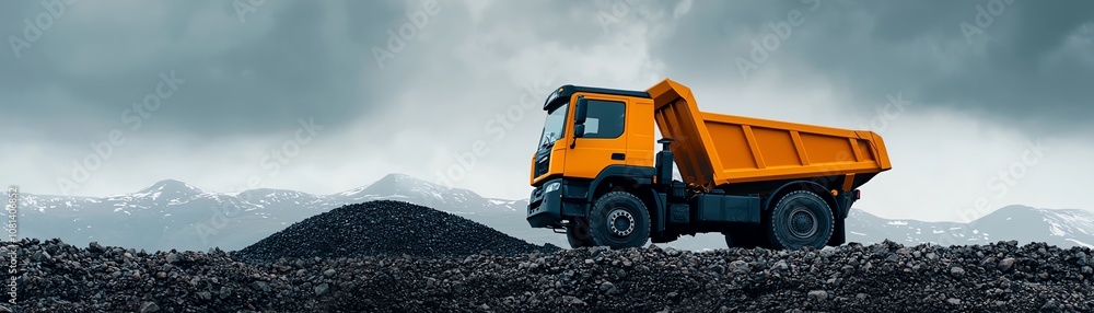 Obraz premium A vibrant yellow dump truck standing against a dramatic landscape with mountains, showcasing its rugged design.