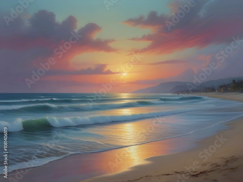 Pastel Sunset Sea Beach Painting Art photo