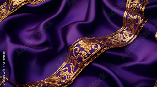 A royal-themed wedding invitation card mockup with elegant gold trim and velvet textures, presented on a luxurious silk fabric background in a regal purple hue. Regal. Illustration photo