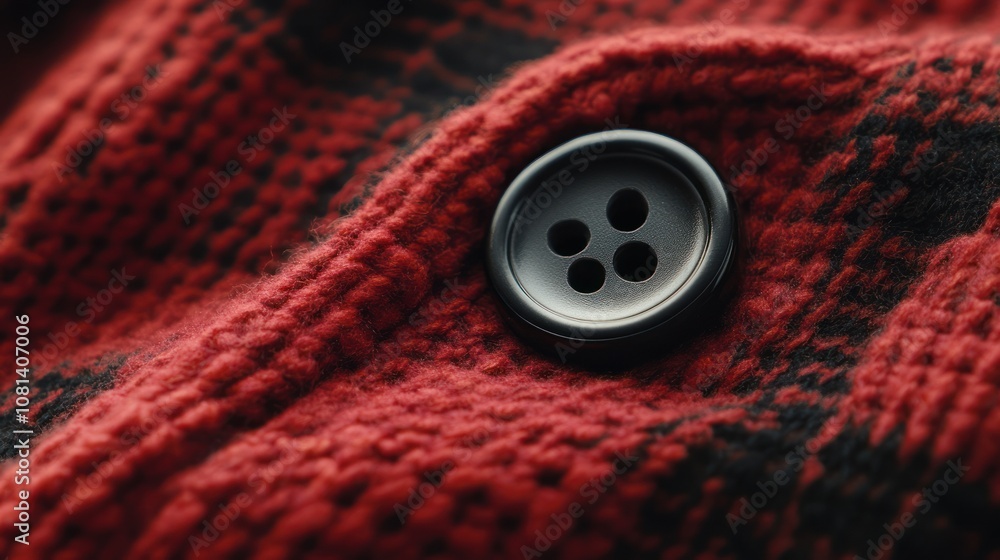 Closeup of a Black Button on a Red and Black Plaid Fabric Closeup of a Black Button on a Red and Black Plaid Fabric