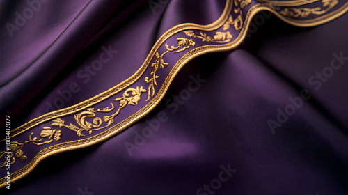 A royal-themed wedding invitation card mockup with elegant gold trim and velvet textures, presented on a luxurious silk fabric background in a regal purple hue. Regal. Illustration photo