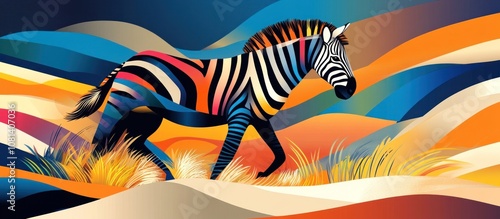 Colorful vector of a zebra on a savannah, bold black and white stripes photo