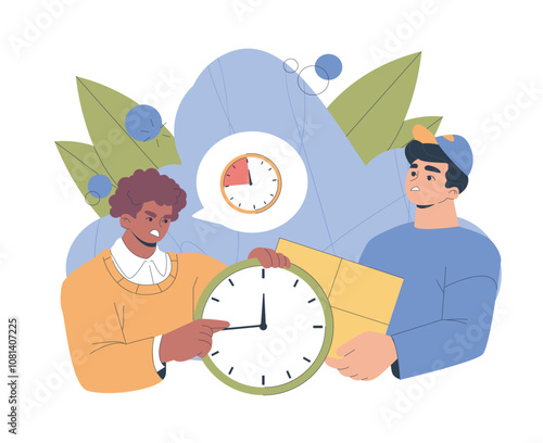 Delivery man late. Dissatisfied customer complains about the courier. Long delivery of goods. Transportation and logistics, shipping. Flat vector illustration isolated on white background