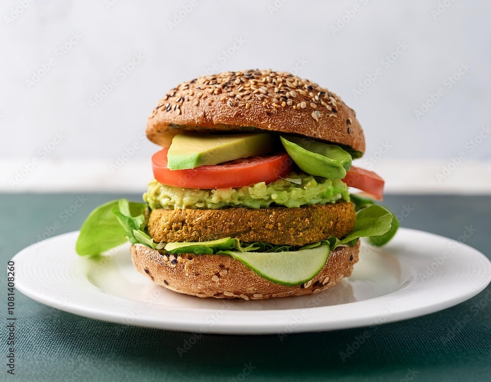 Bold Presentation of a Gluten-Free Vegan Burger on a Clean White Plate with Avocado, Lettuce, and Tomato, Captured in Crisp Detail with a Minimalist Background Bold Presentation of a Gluten-Free Vegan Burger on a Clean White Plate with Avocado, Lettuce, and Tomato, Captured in Crisp Detail with a Minimalist Background