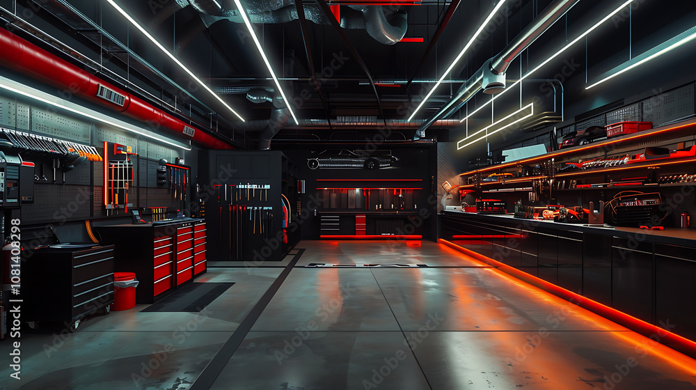 Modern Garage Interior with Red Accents and Tools Modern Garage Interior with Red Accents and Tools