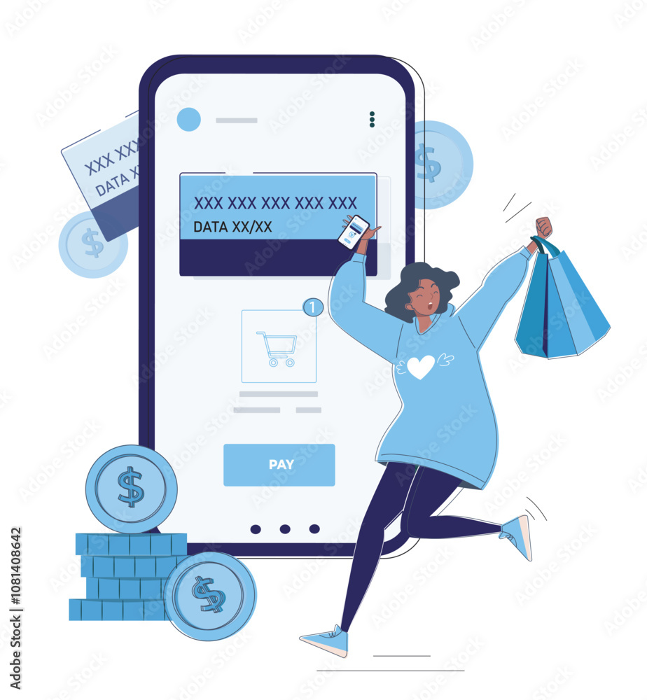 Woman with electronic wallet. Young girl near smartphone with bank card and coins. Digital money. Cashless transfers and transactions. Flat vector illustration isolated on white background Woman with electronic wallet. Young girl near smartphone with bank card and coins. Digital money. Cashless transfers and transactions. Flat vector illustration isolated on white background