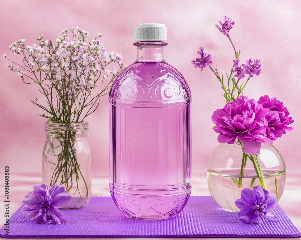 A pink bottle surrounded by purple flowers and greenery, set on a textured mat, creating a serene and aesthetic display. A pink bottle surrounded by purple flowers and greenery, set on a textured mat, creating a serene and aesthetic display.