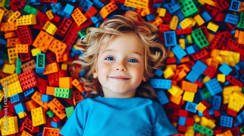 Wallpaper Mural A young boy smiles while playing with colourful building blocks on the floor. Torontodigital.ca