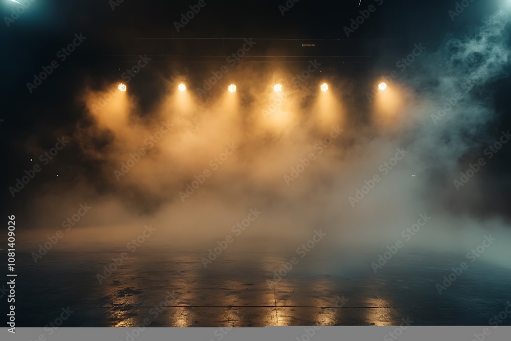Naklejka premium Empty stage with fog and spotlights, ready for performance or presentation