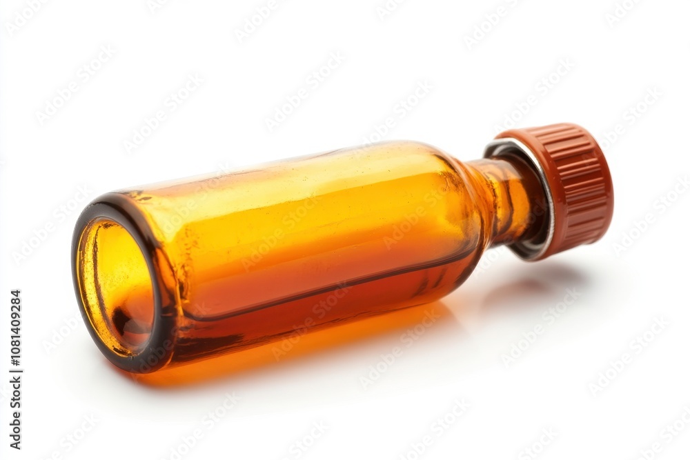 Amber Glass Bottle with Orange Cap on White Background