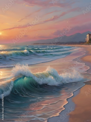 Pastel Sunset Sea Beach Painting Art photo