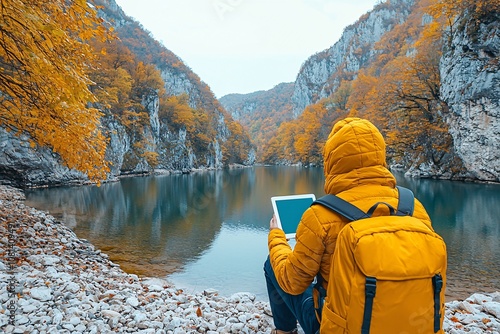 Tranquil Autumn Landscape with Person and Tablet photo