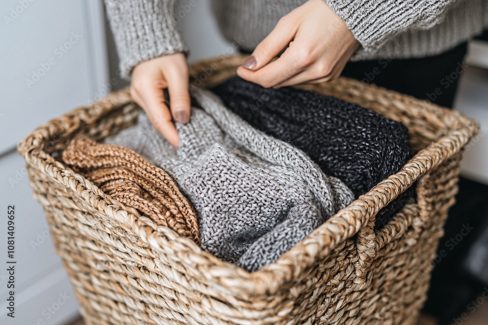 Obraz premium Cozy Sweaters in a Woven Basket for Home Decor