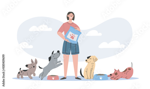 Woman feed dog. Young girl with bag of food stands near puppies. Charity, generosity and kindness. Charitable organization volunteer. Flat vector illustration isolated on white background