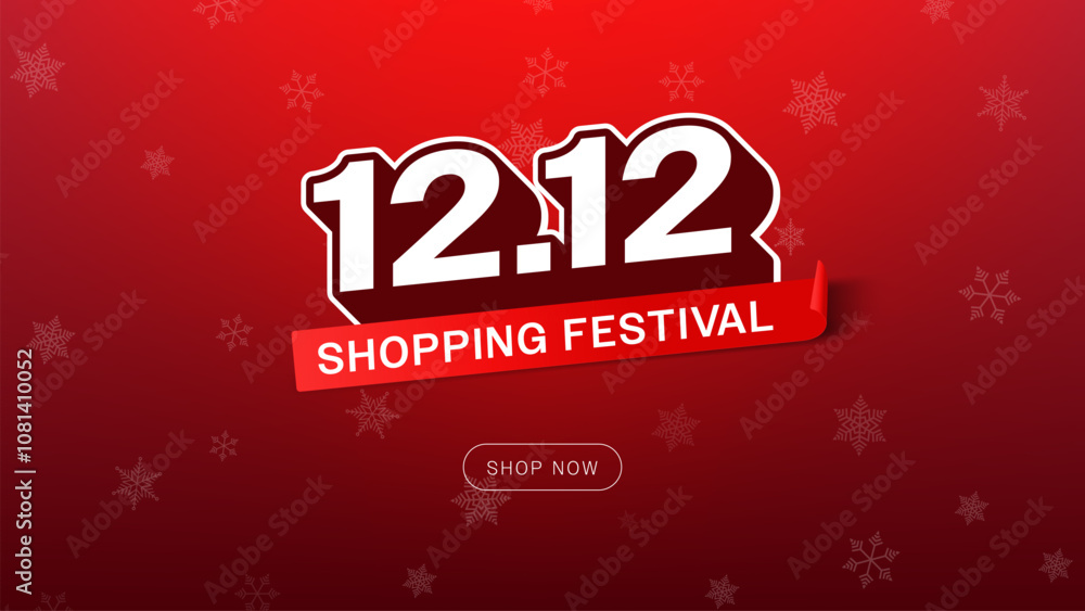 12.12 shopping festival banner with Red Ribbon Label Sticker curl,3D Minimal long shadow text with snowflakes, gradient background for End of year Sale campaign, special offers Christmas Sale 12.12 shopping festival banner with Red Ribbon Label Sticker curl,3D Minimal long shadow text with snowflakes, gradient background for End of year Sale campaign, special offers Christmas Sale