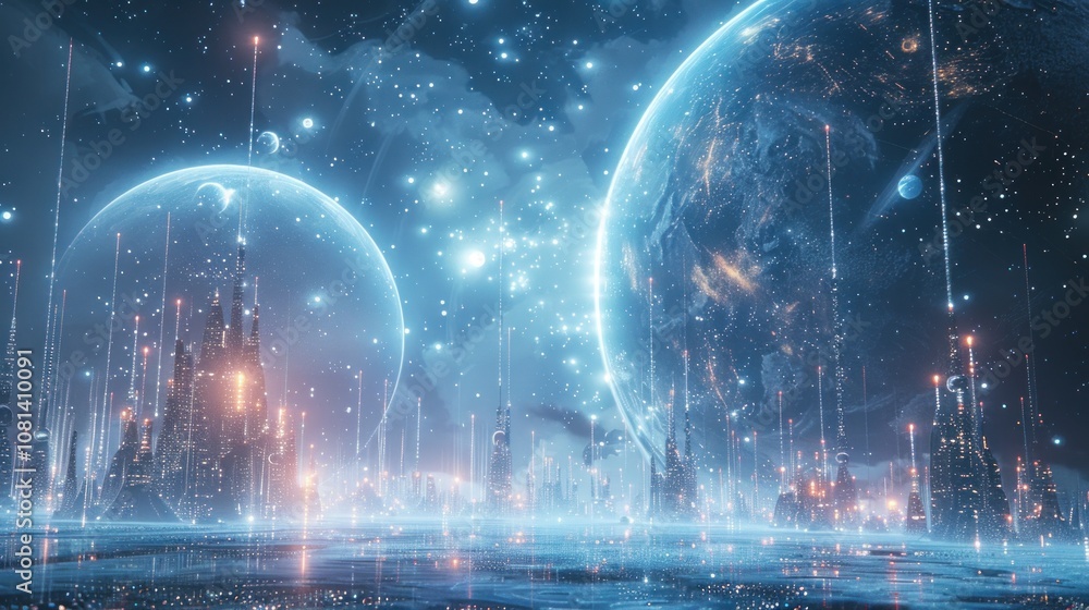 A futuristic cityscape illuminated by glowing lights, with two large planets in the background, one of which appears to be Earth. A futuristic cityscape illuminated by glowing lights, with two large planets in the background, one of which appears to be Earth.