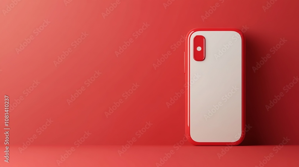 A red smartphone with a white screen is standing upright against a red background. A red smartphone with a white screen is standing upright against a red background.