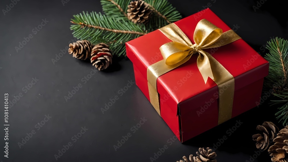Top view of Christmas red gift boxes, fir tree branches and pine cones, Christmas black background with copy space Top view of Christmas red gift boxes, fir tree branches and pine cones, Christmas black background with copy space