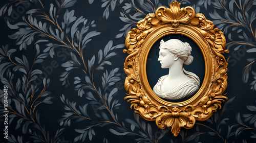 An ornate gold frame holds a white cameo portrait, timeless and regal. Regal. Illustration