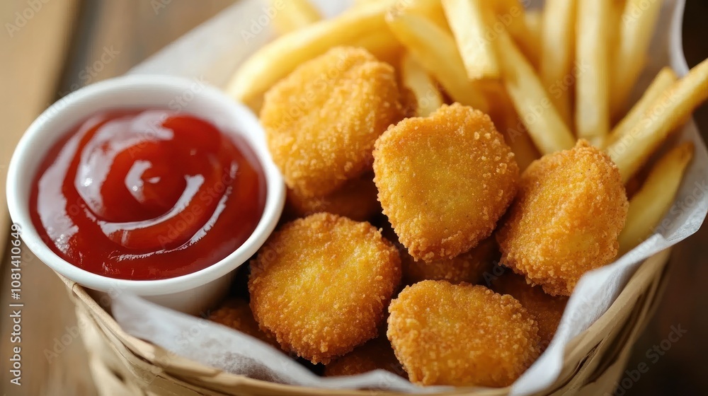Golden chicken nuggets in a basket with fries, served with ketchup, fast-food style Golden chicken nuggets in a basket with fries, served with ketchup, fast-food style