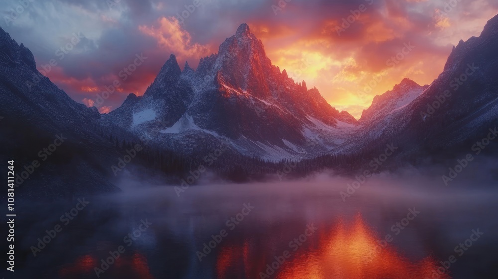 A stunning mountain range reflecting in a still lake with a fiery sunset behind the peaks. A stunning mountain range reflecting in a still lake with a fiery sunset behind the peaks.