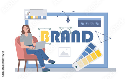 Woman create brand. Young girl with laptop developing brand for company. Graphic designer and freelancer at work. Branding, logotype and emblem creation. Flat vector illustration