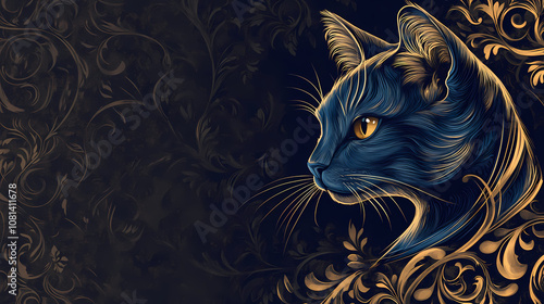 Artistic blue cat portrait, regal expression, ornate design with warm colors on a dark background, copy space. Regal. Illustration