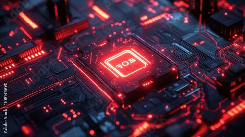 Close-up of a red glowing CPU on a circuit board.