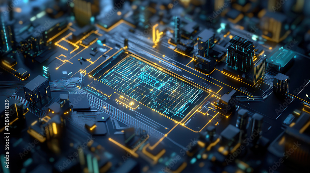 Futuristic cityscape with glowing circuit board and skyscrapers, showcasing advanced technology and digital architecture Futuristic cityscape with glowing circuit board and skyscrapers, showcasing advanced technology and digital architecture