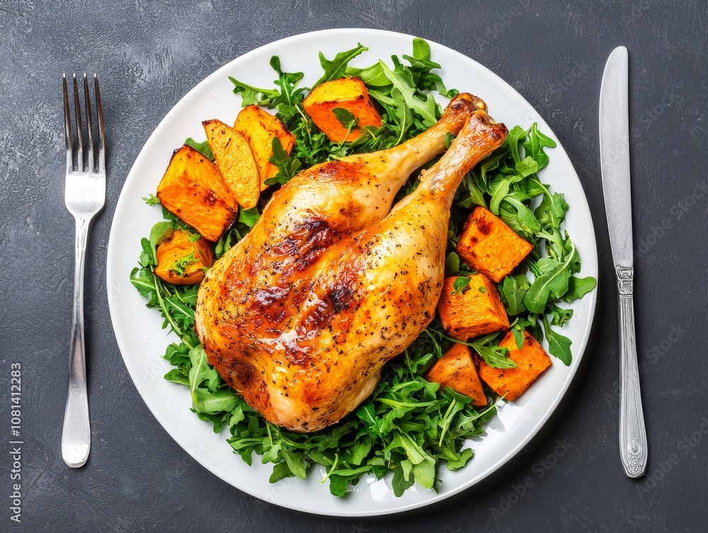 A beautifully plated roasted chicken served on a bed of greens with roasted squash, creating a colorful and appetizing meal. A beautifully plated roasted chicken served on a bed of greens with roasted squash, creating a colorful and appetizing meal.