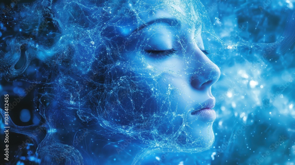 Ethereal Representation of Artificial Intelligence in a Conceptual Portrait with a Dreamlike Aesthetic in Blue Tones for Creative Projects Ethereal Representation of Artificial Intelligence in a Conceptual Portrait with a Dreamlike Aesthetic in Blue Tones for Creative Projects
