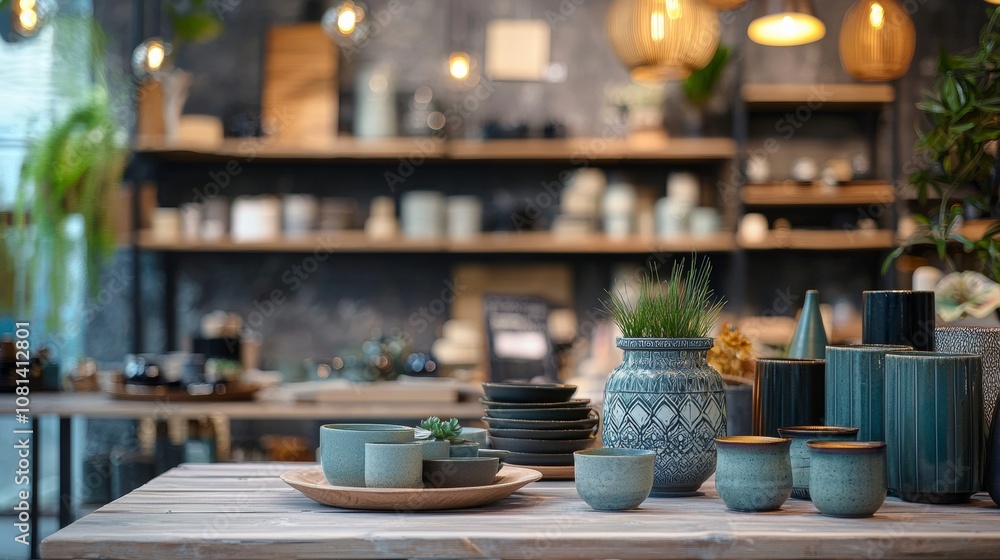 Ceramic pottery and tableware on rustic wooden table Ceramic pottery and tableware on rustic wooden table